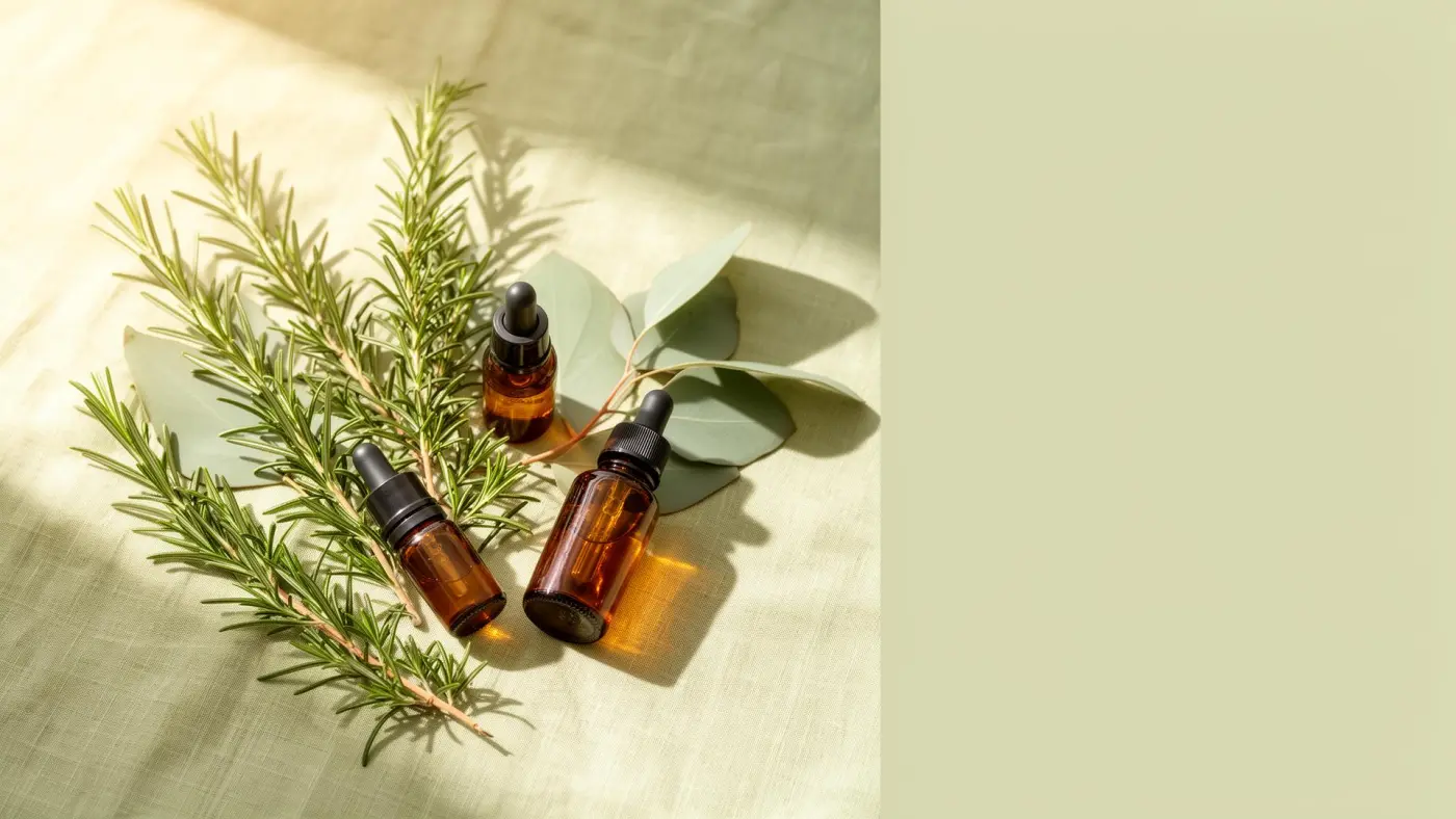 Huiles essentielles, romarin et eucalyptus sur lin sauge, au cabinet de naturopathie de Vertou